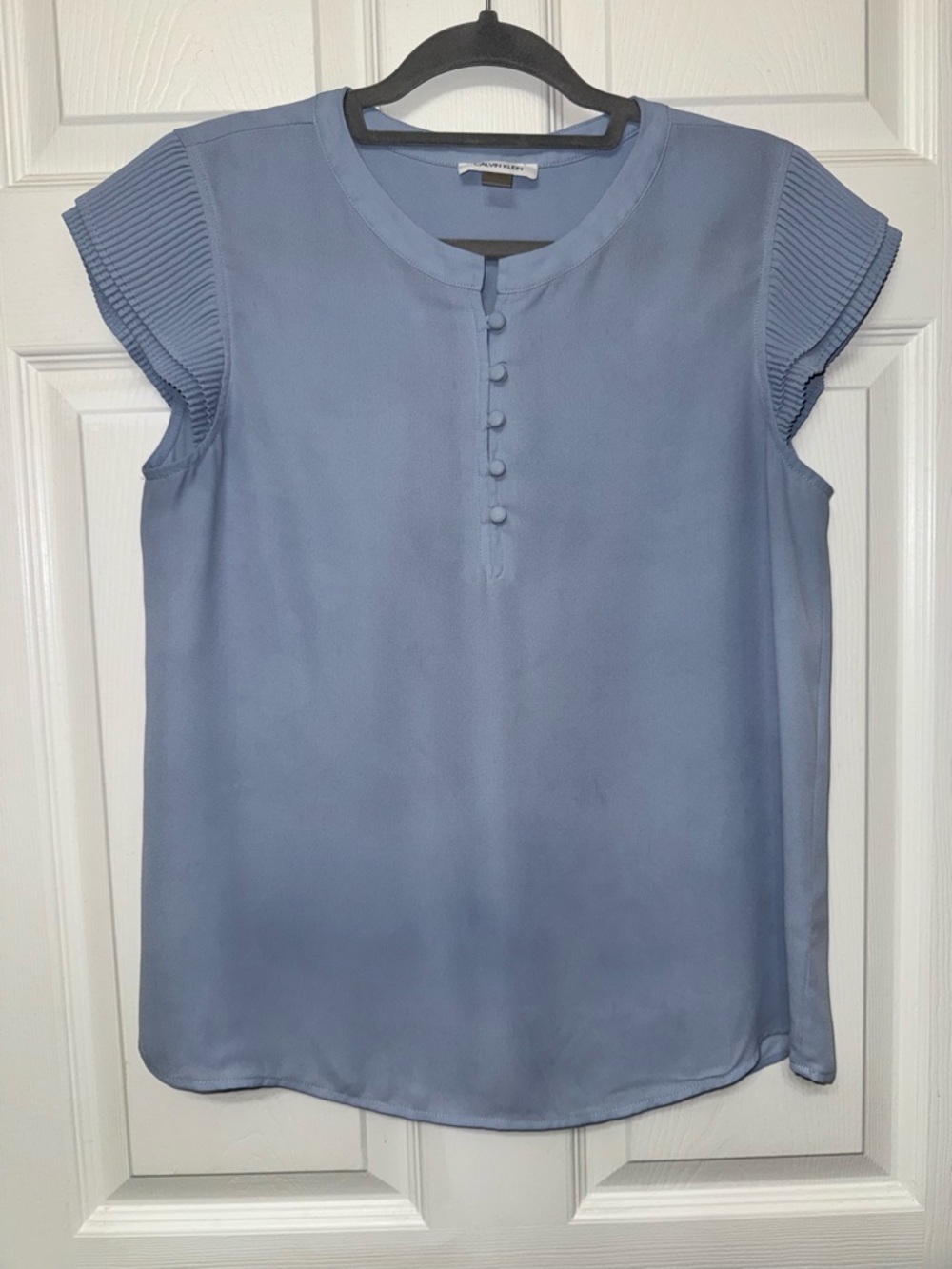 Calvin Klein Light Blue Pleated Sleeve Blouse | Large